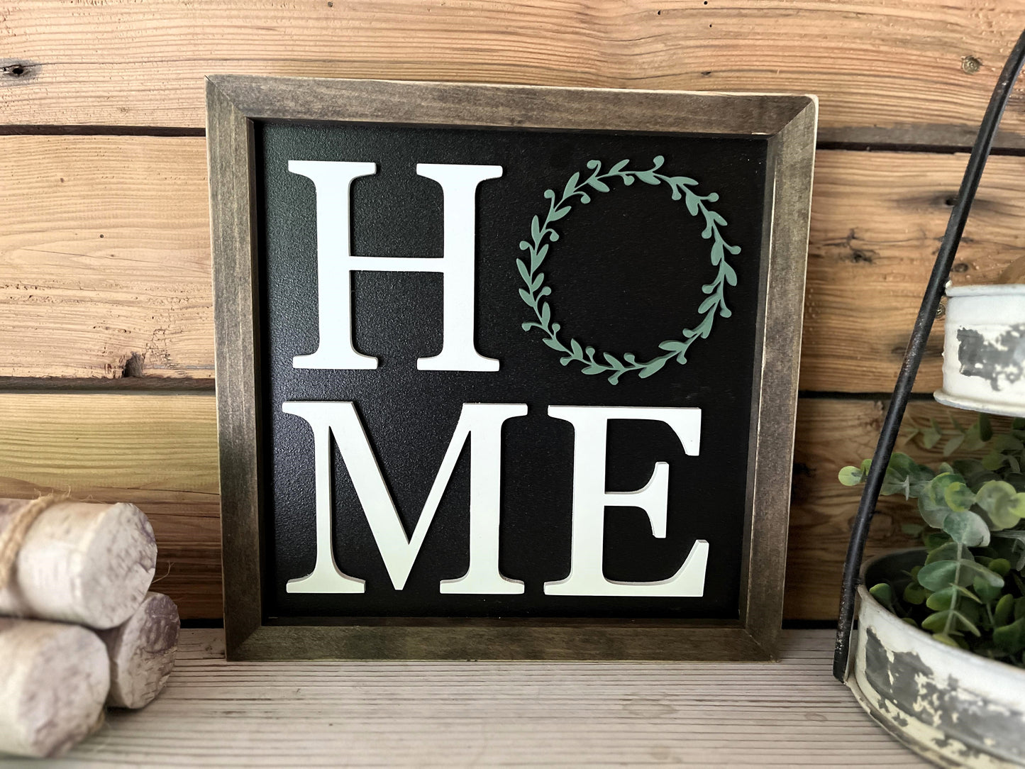 Home with Wreath Square Sign | Farmhouse Home Decor