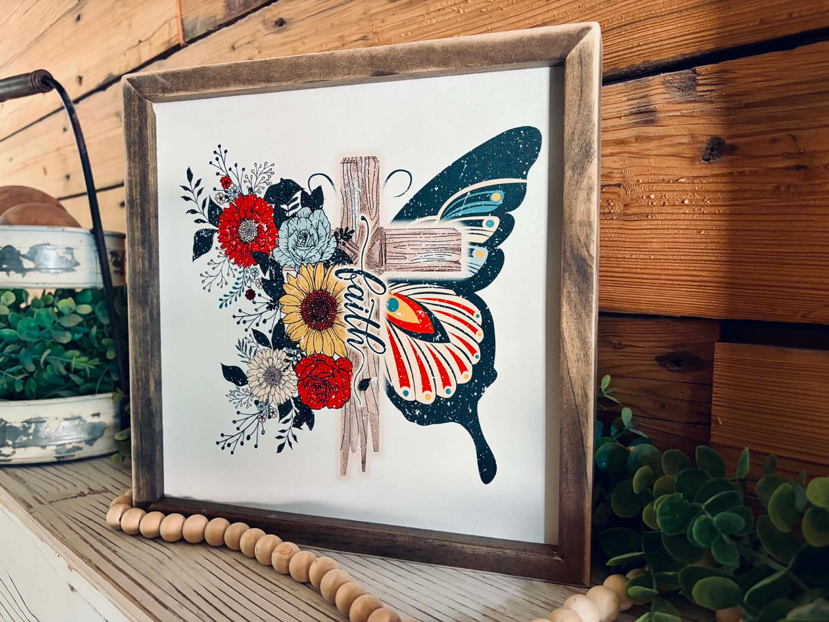 Faith Butterfly Cross Sign | Floral Christian Framed Wood Decor