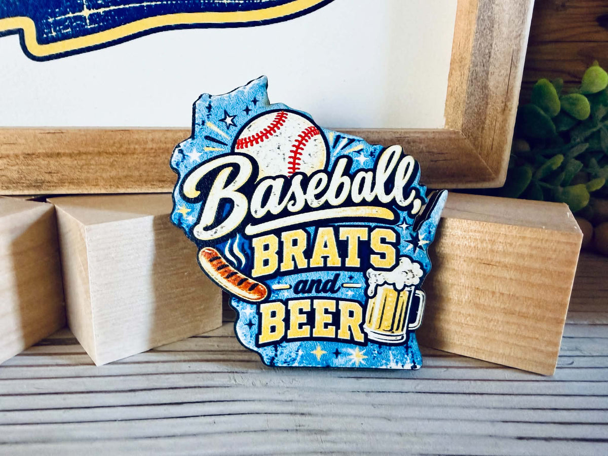 Wisconsin Baseball, Brats & Beer Magnet | Wisconsin Shaped Fridge Magnet | Baseball Fan Gift