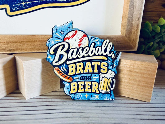 Wisconsin Baseball, Brats & Beer Magnet | Wisconsin Shaped Fridge Magnet | Baseball Fan Gift