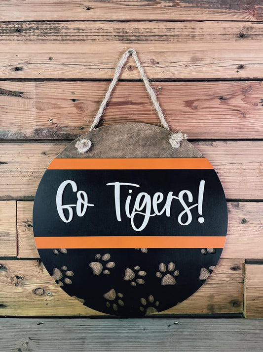 Go Tigers Round Sign | Farmhouse Front Door Sign | Round Welcome Sign