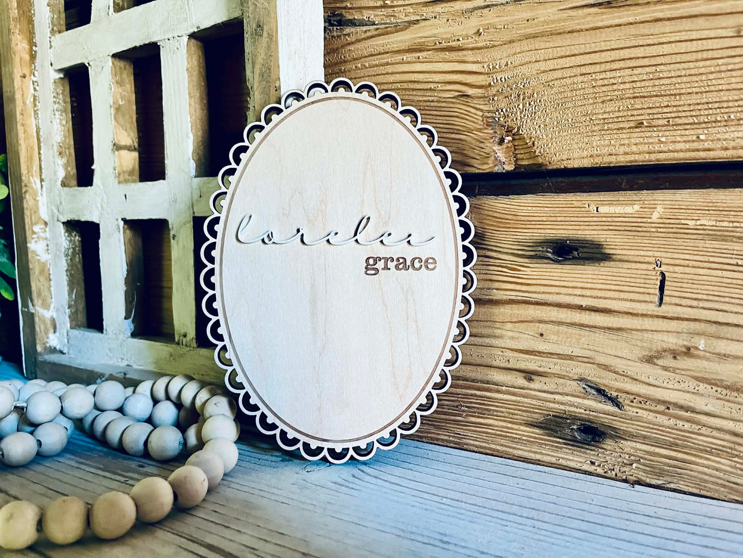 Scalloped Oval Newborn Name Sign - Custom Birth Announcement