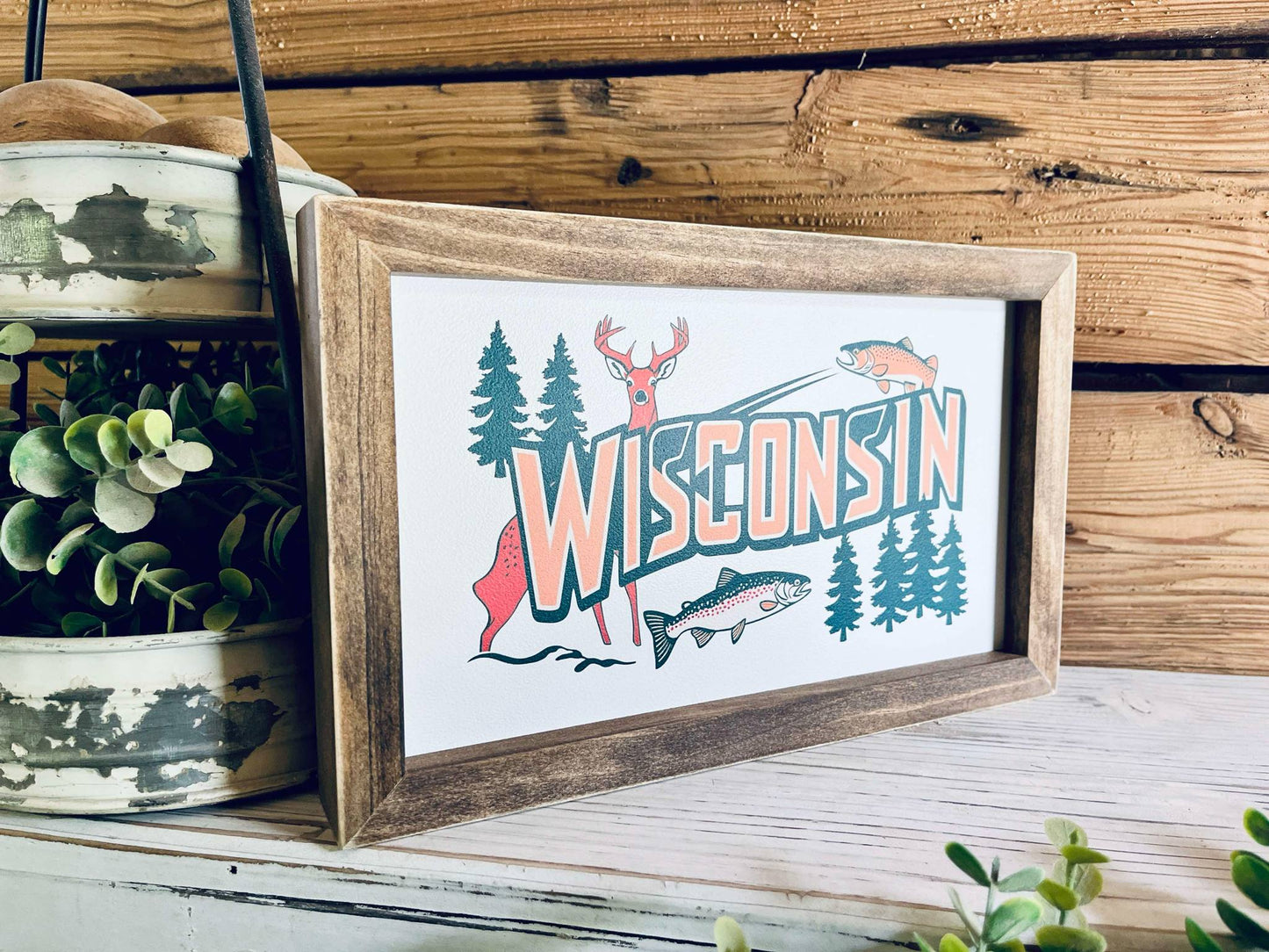 Rustic Wisconsin Wall Art – Framed State Sign with Deer, Fish & Trees – Farmhouse Cabin Decor – Midwest Travel Souvenir – Wisconsin Nature Gift