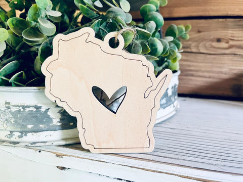 Wisconsin Christmas Ornament | Wisconsin with Cutout Heart