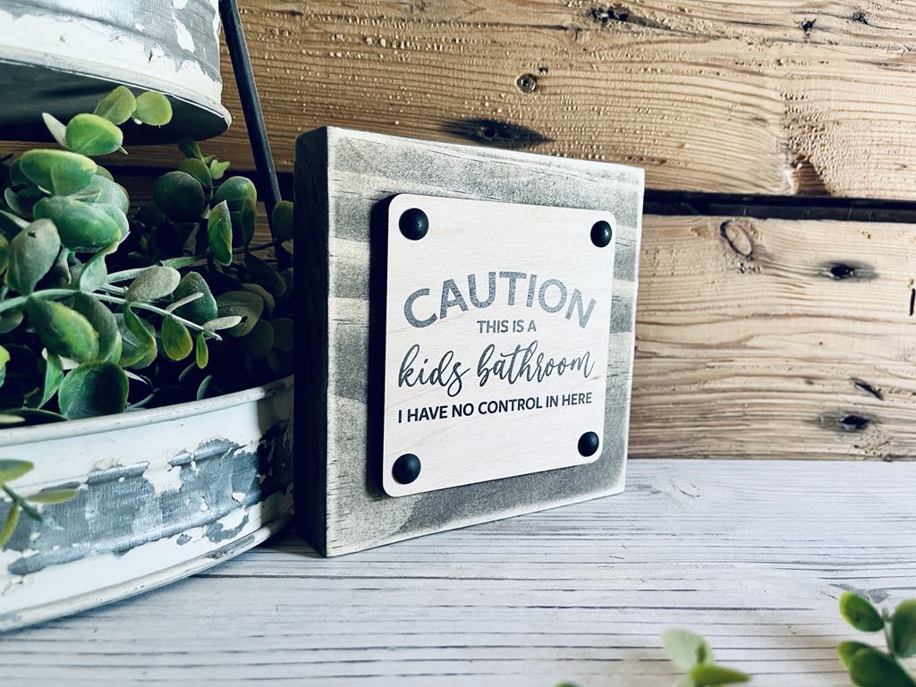 Funny Kids Bathroom Sign – Rustic Wood Decor for Bathroom – Caution This is a Kids Bathroom – Farmhouse Chic Wall or Shelf Sign – UV Printed Wood Sign