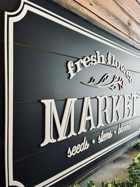 Flower Market Farmhouse Sign | Raised Lettering Farmhouse Sign with Shiplap