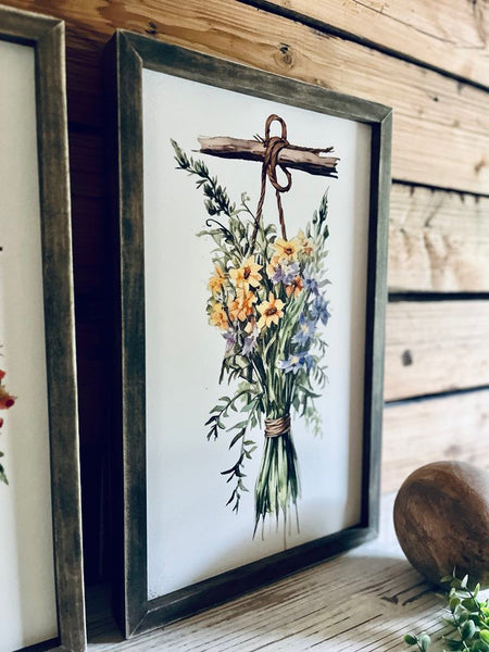 Vintage Flower Market Sign Set – Dried Floral Wall Art – Botanical Farmhouse Decor – Framed Herb Bouquet Prints – Kitchen or Garden Art