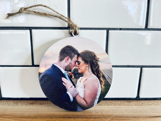 Personalized Double-Sided Wedding Ornament – Custom Photo & Text, Newlywed Gift, First Christmas as Mr. & Mrs., UV Printed on Maple