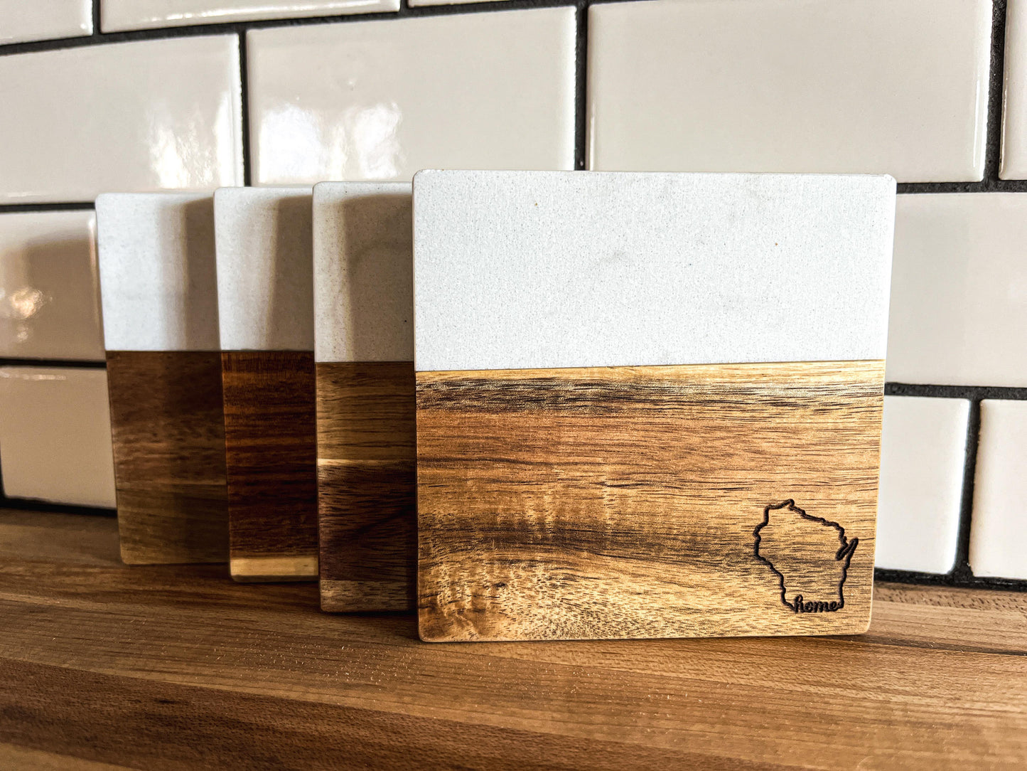 Wisconsin Coasters | Marble and Wood Coasters | Set of 4 Square Slate Coasters | Wisconsin Gifts