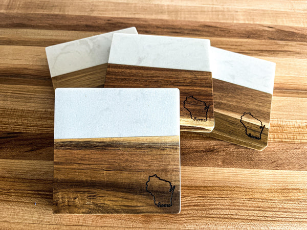 Wisconsin Coasters | Marble and Wood Coasters | Set of 4 Square Slate Coasters | Wisconsin Gifts