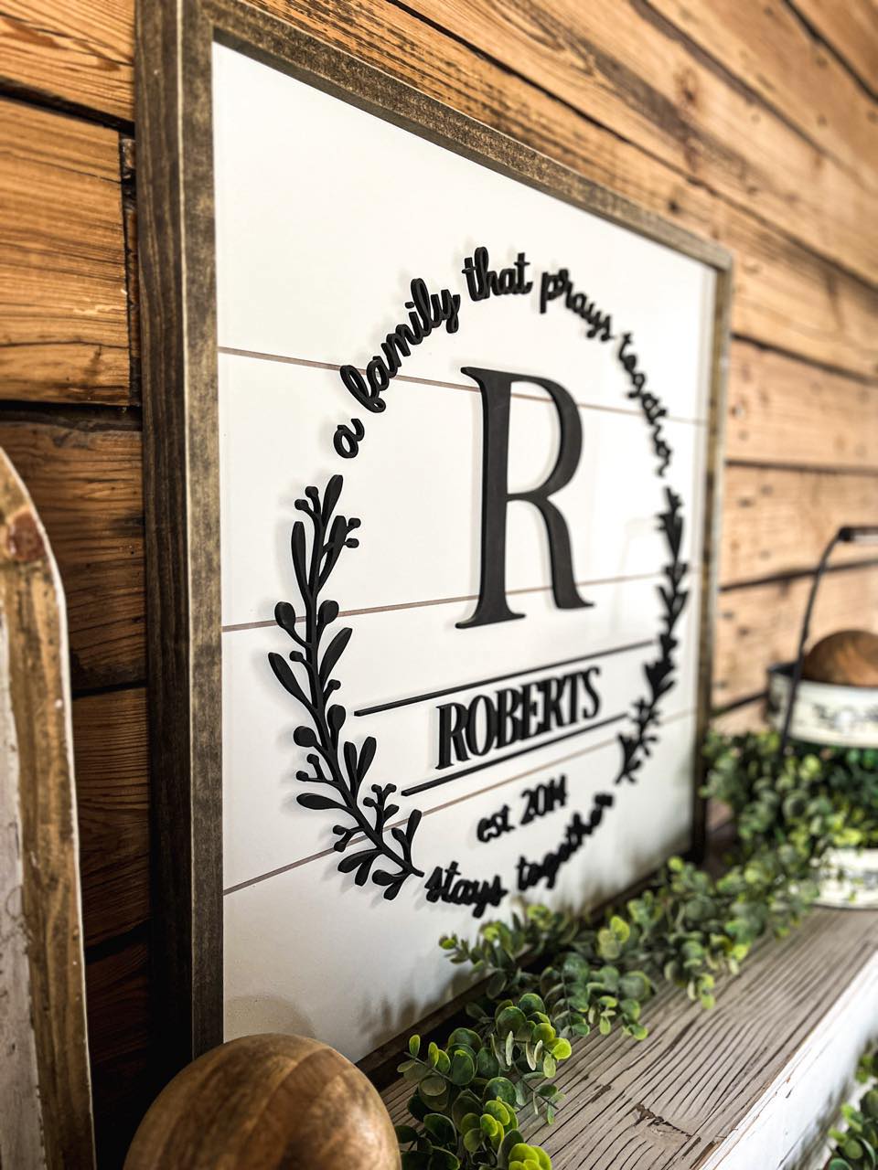 Square Personalized Raised Lettering Last Name Sign on Shiplap | A Family That Prays Together Stays Together