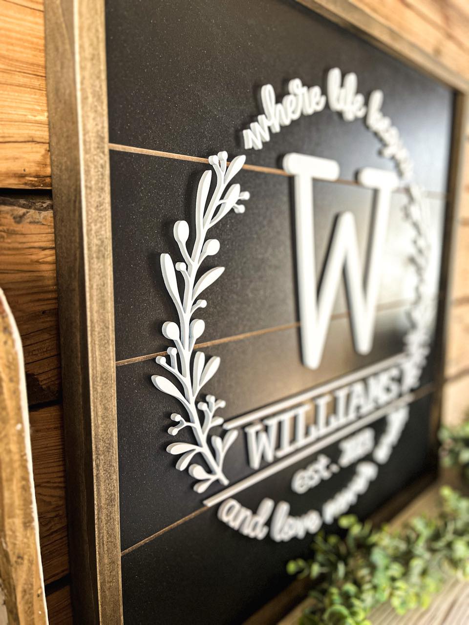Square Personalized Raised Lettering Last Name Sign on Shiplap | Where Life Begins and Love Never Ends