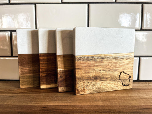 Wisconsin Coasters | Marble and Wood Coasters | Set of 4 Square Slate Coasters | Wisconsin Gifts