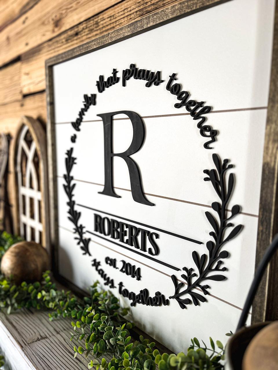 Square Personalized Raised Lettering Last Name Sign on Shiplap | A Family That Prays Together Stays Together