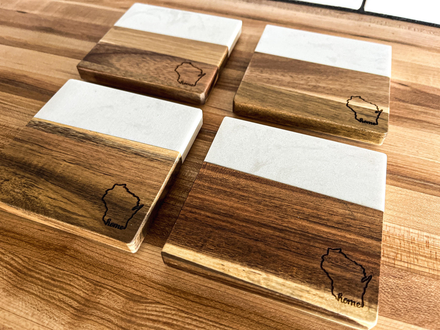 Wisconsin Coasters | Marble and Wood Coasters | Set of 4 Square Slate Coasters | Wisconsin Gifts