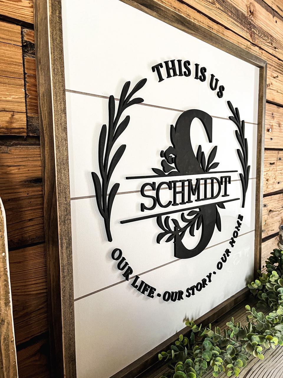 Square Personalized Raised Lettering Last Name Sign on Shiplap | This is Us Our Life Our Story Our Hom