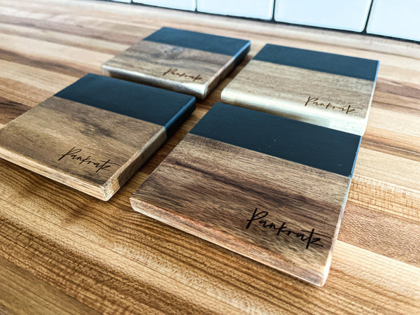 Personalized Coasters | Slate and Wood Coasters | Set of 4 Square Coasters | Personalized Gifts