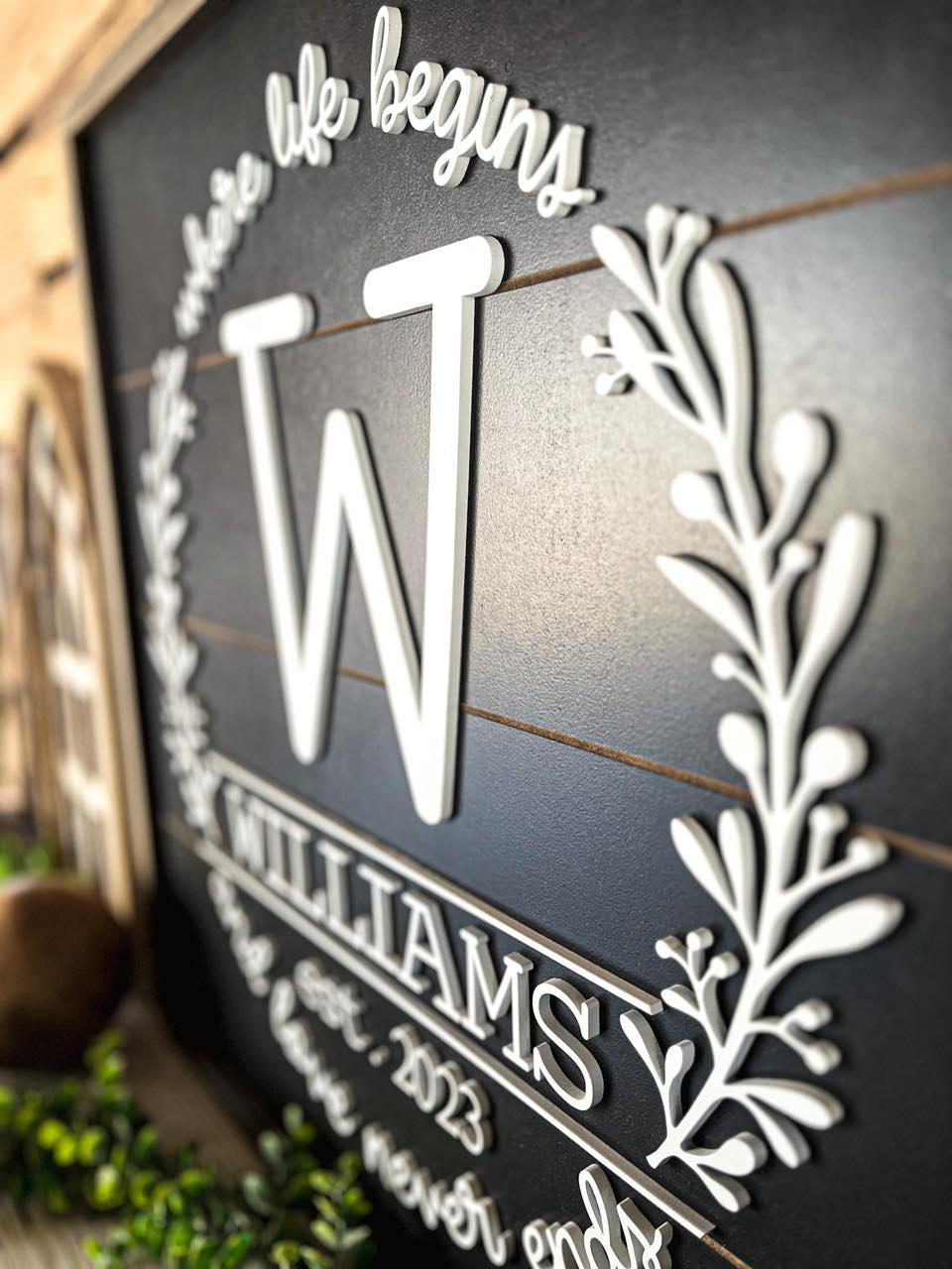 Square Personalized Raised Lettering Last Name Sign on Shiplap | Where Life Begins and Love Never Ends