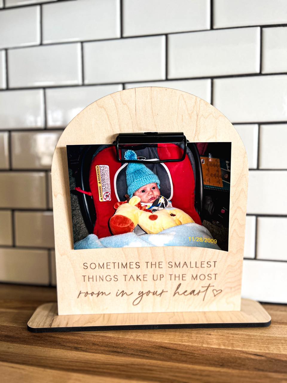 Maple Wood Engraved Shelf Decor - 10" Tall, 8" Wide, Clipboard Clip to Hold Picture, Handcrafted Boho Photo Sign, Laser Engraved Gift for Mom, Arched Design
