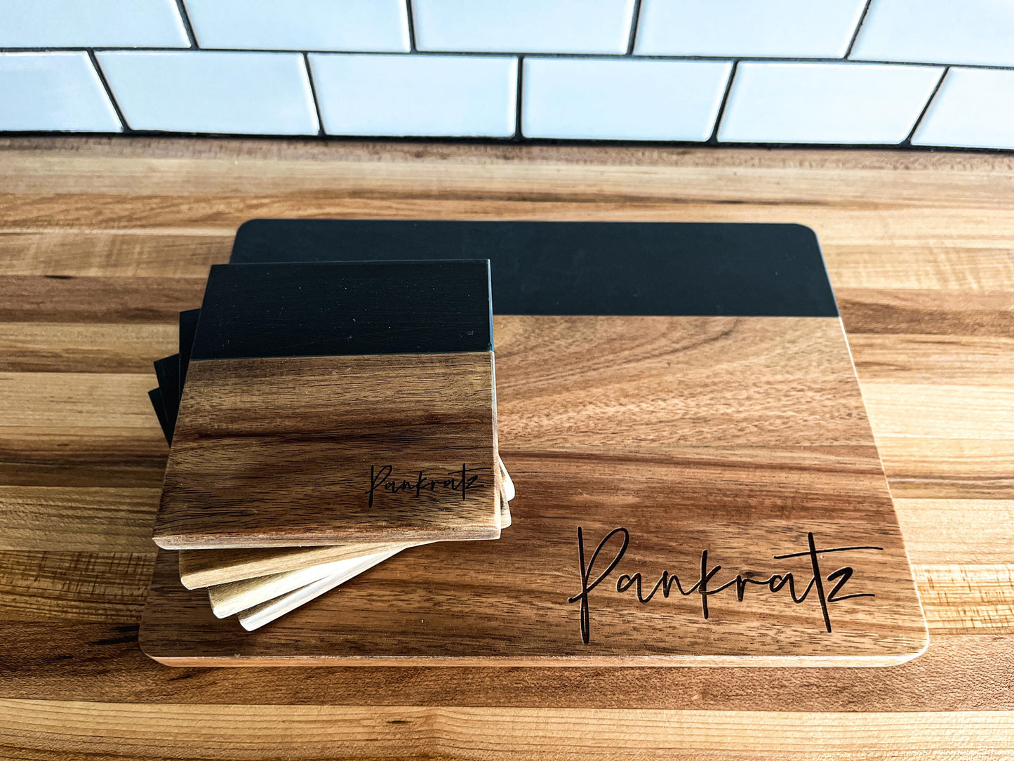 Personalized Coasters and Cheese Board | Slate and Wood Coasters | Set of 4 Square Coasters | Personalized Gifts