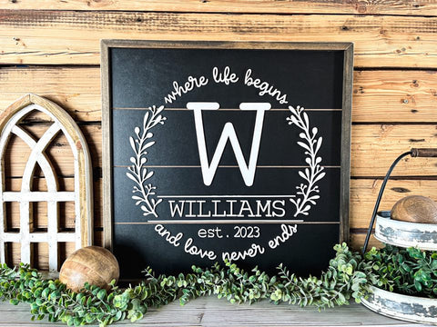 Square Personalized Raised Lettering Last Name Sign on Shiplap | Where Life Begins and Love Never Ends