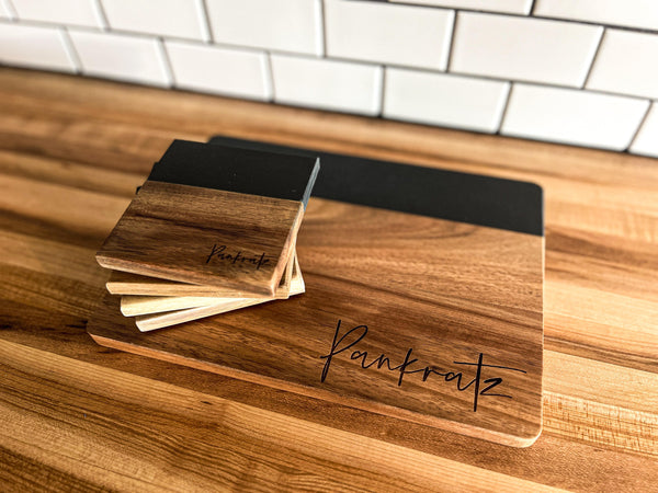 Personalized Coasters and Cheese Board | Slate and Wood Coasters | Set of 4 Square Coasters | Personalized Gifts
