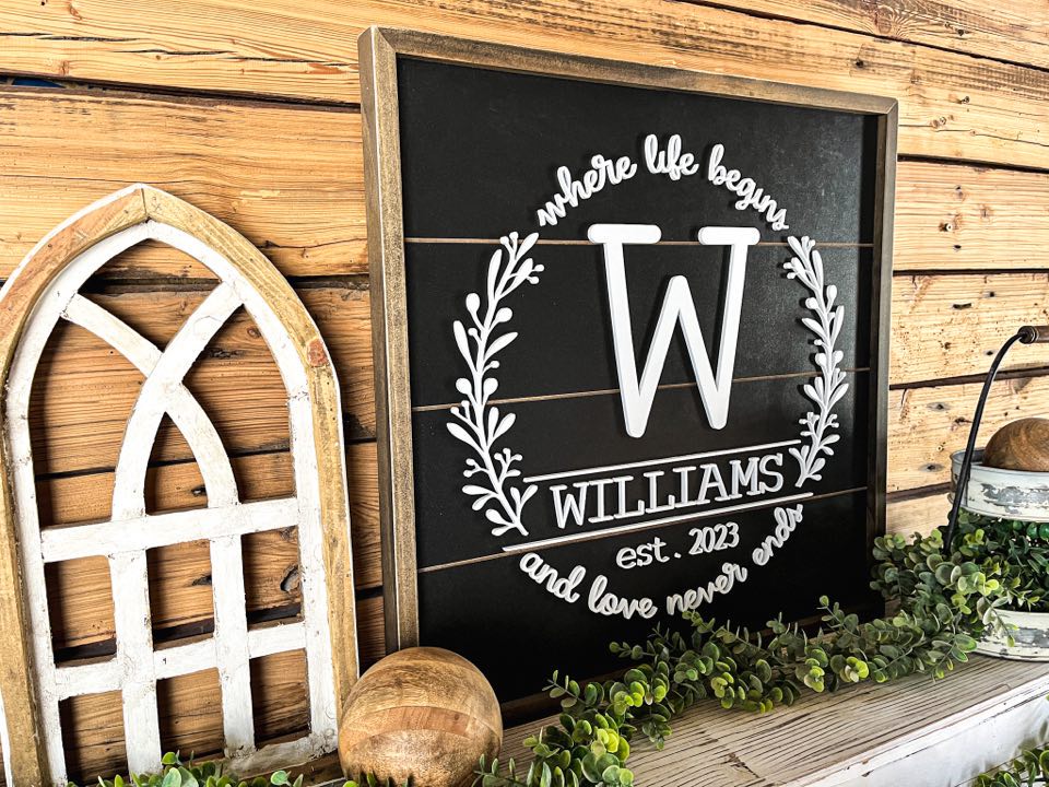 Square Personalized Raised Lettering Last Name Sign on Shiplap | Where Life Begins and Love Never Ends