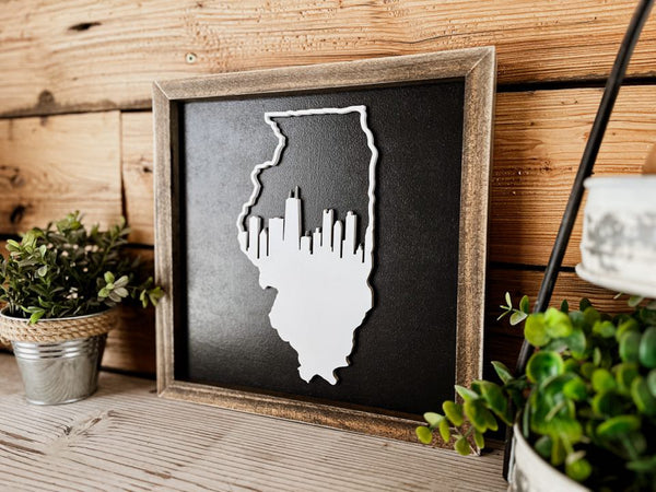 Illinois Sign with Chicago Skyline 3D Cutout