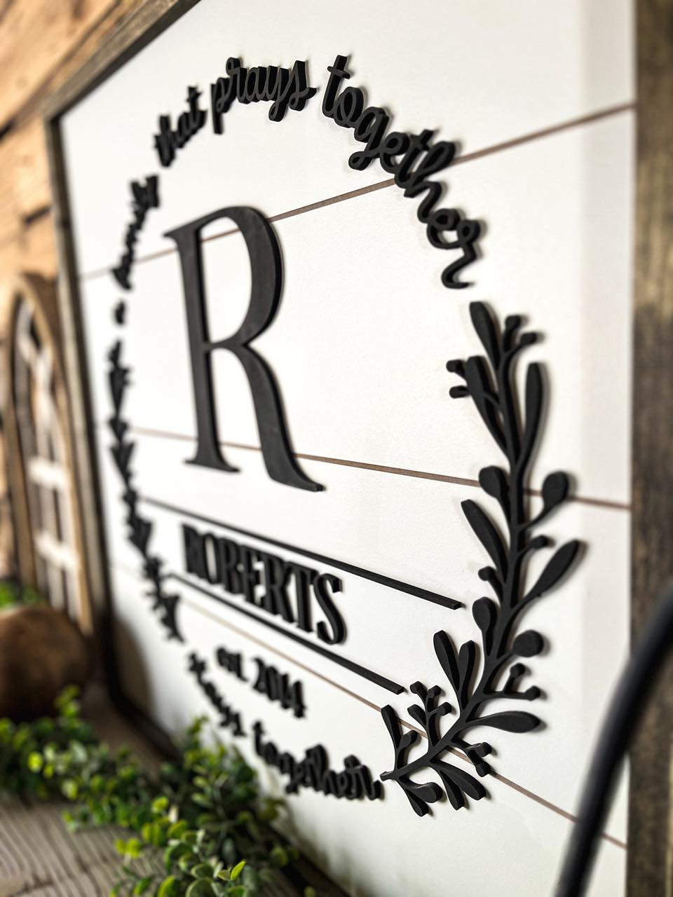 Square Personalized Raised Lettering Last Name Sign on Shiplap | A Family That Prays Together Stays Together