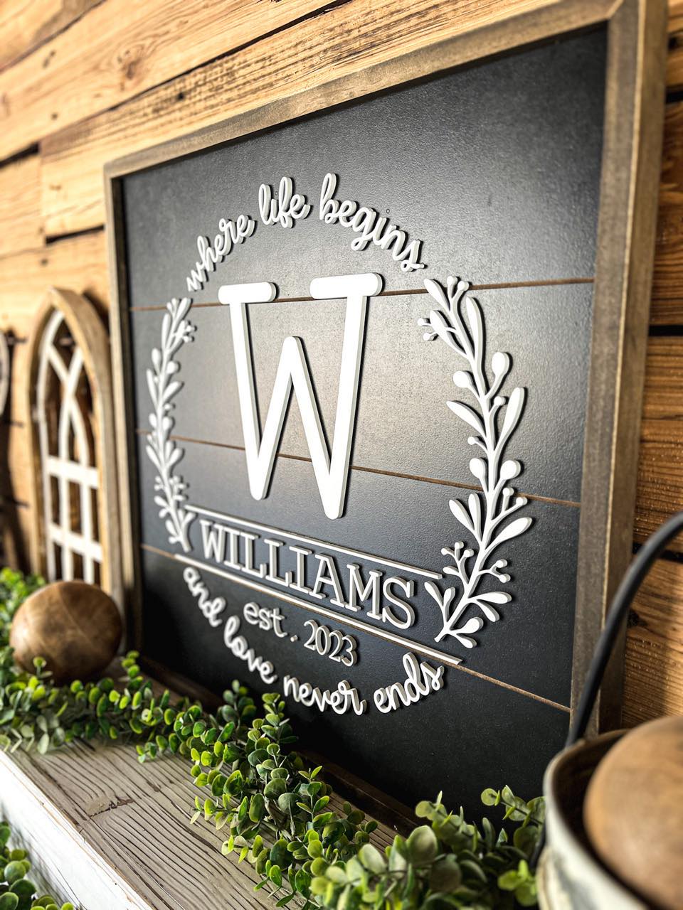 Square Personalized Raised Lettering Last Name Sign on Shiplap | Where Life Begins and Love Never Ends