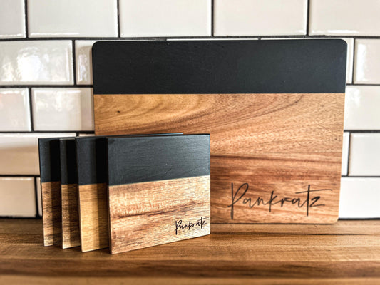 Personalized Coasters and Cheese Board | Slate and Wood Coasters | Set of 4 Square Coasters | Personalized Gifts