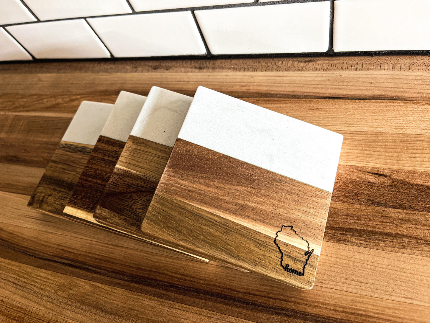 Wisconsin Coasters | Marble and Wood Coasters | Set of 4 Square Slate Coasters | Wisconsin Gifts
