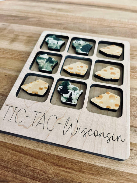 Wisconsin-Themed Tic Tac Toe Travel Game – Laser Cut Wood with Cheese & Forest Print Pieces