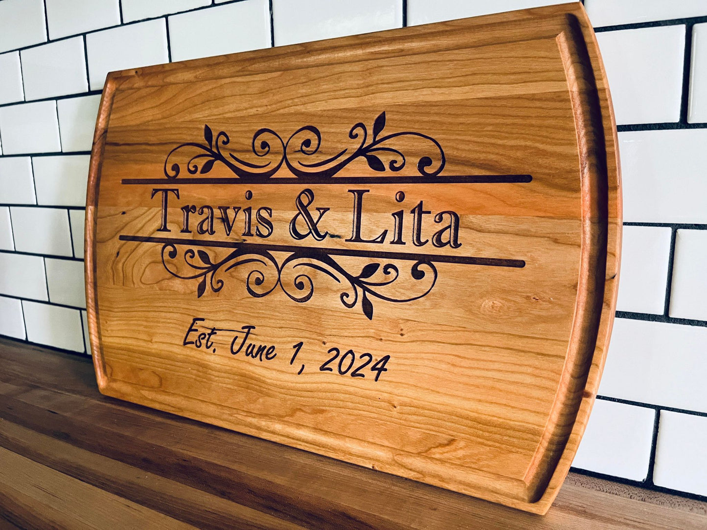 Engraved Cherry Wood Cutting Board | Farmhouse Kitchen Decor | Personalized Wedding Gift