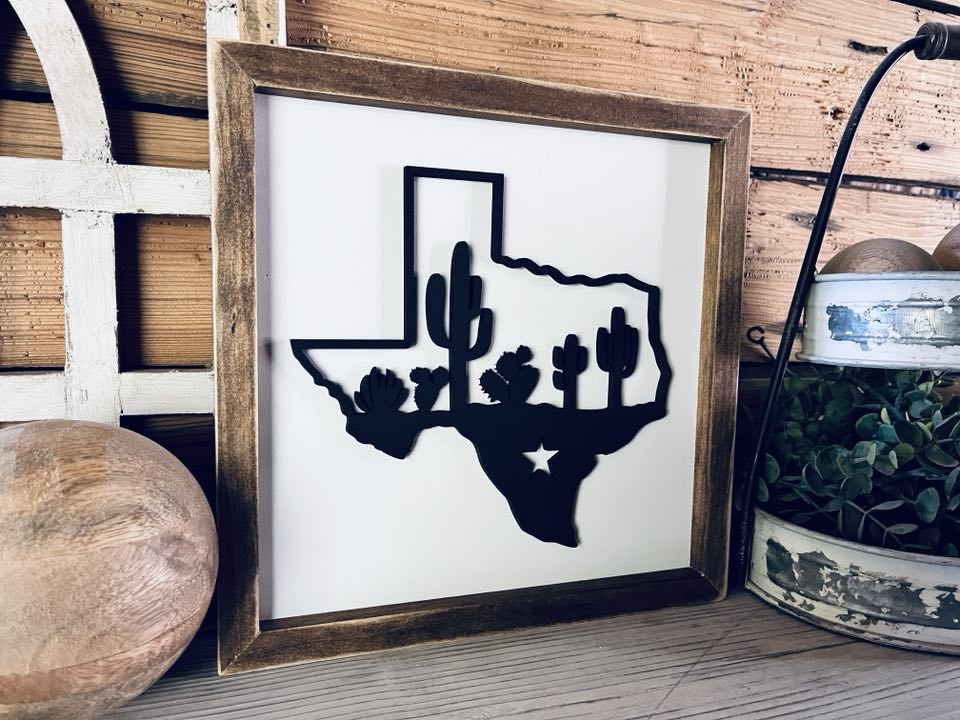 Texas Sign with Cactus | Small Shelf Decor