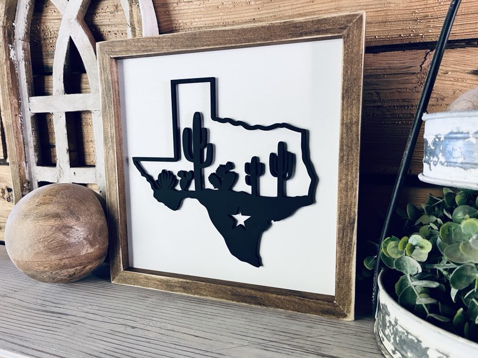 Texas Sign with Cactus | Small Shelf Decor