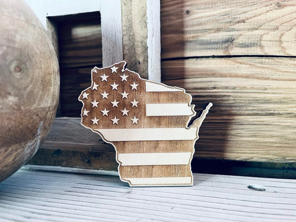 Wisconsin American Flag Wood Magnet