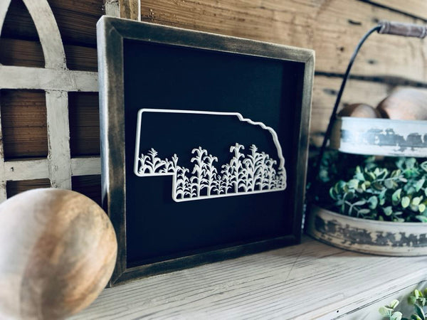 Nebraska Sign with Corn Field | Small Shelf Decor