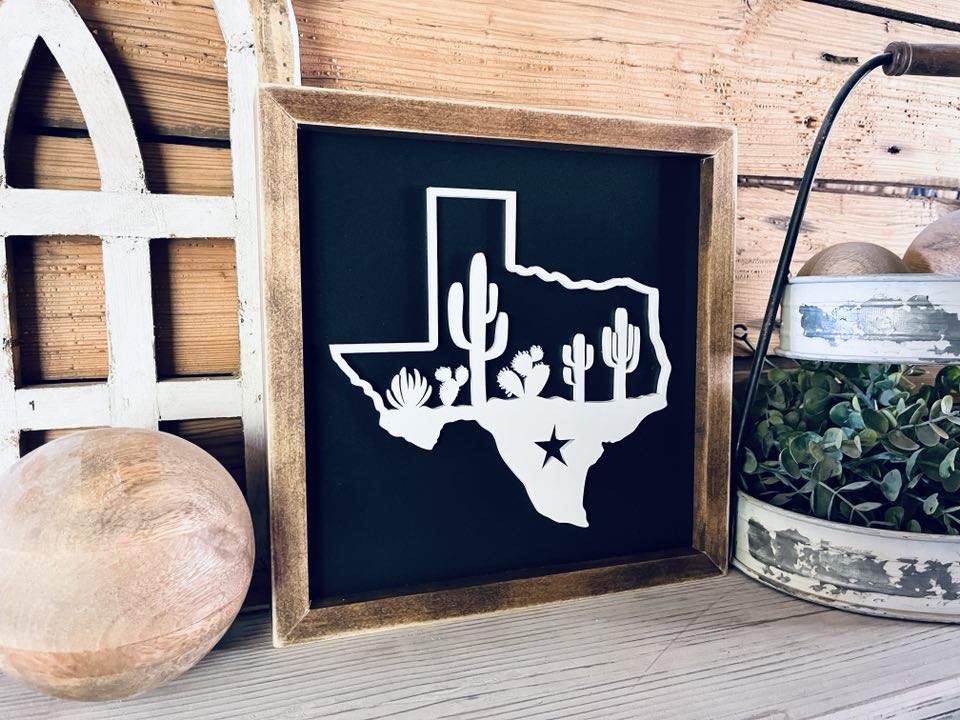 Texas Sign with Cactus | Small Shelf Decor