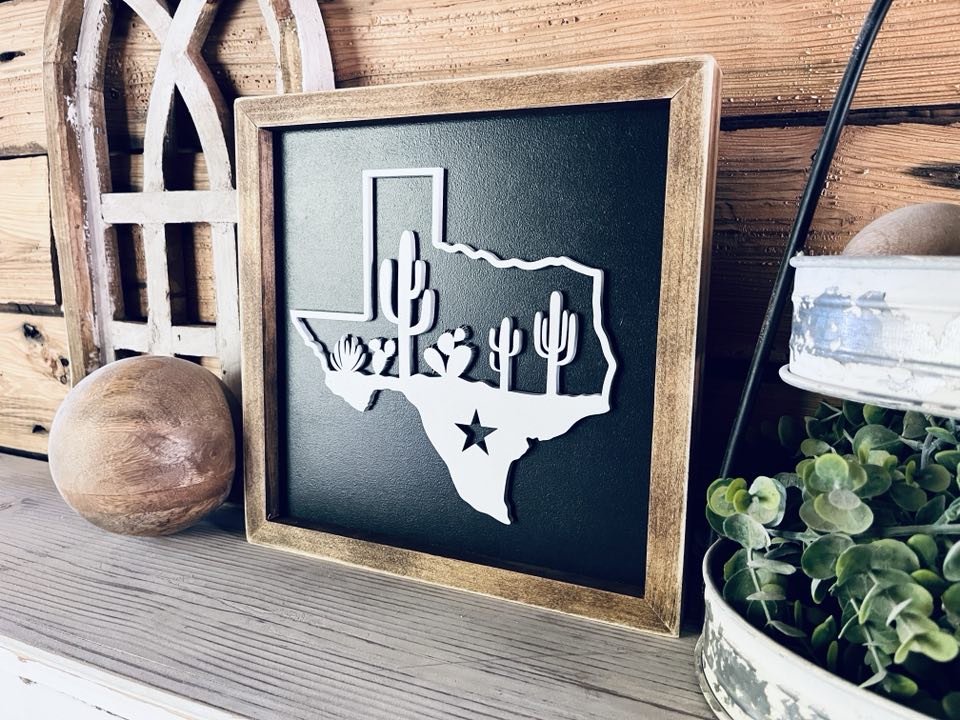 Texas Sign with Cactus | Small Shelf Decor