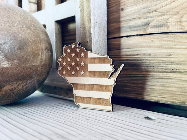 Wisconsin American Flag Wood Magnet