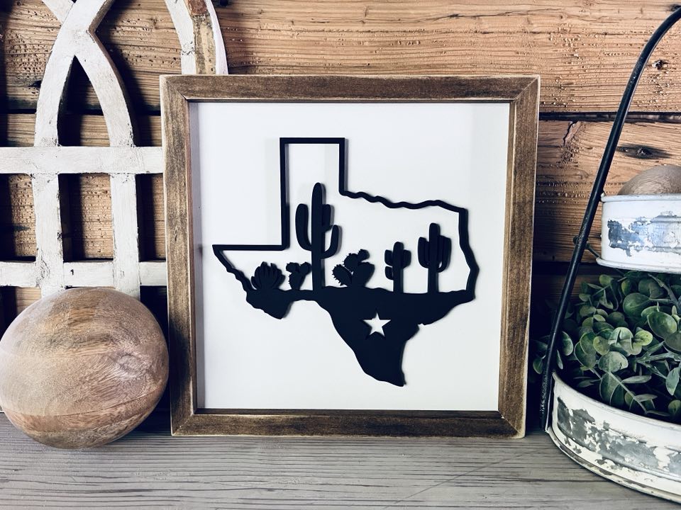 Texas Sign with Cactus | Small Shelf Decor