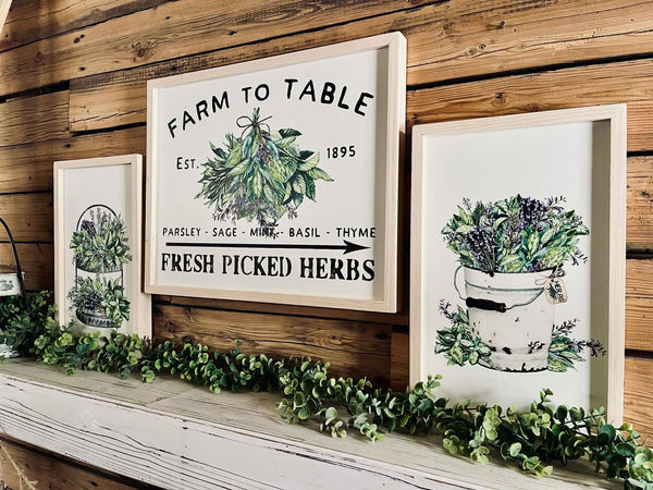 Farm to Table Herb Kitchen Sign Set – Framed Botanical Wall Art – Fresh Picked Herbs, Parsley Sage Mint Basil Thyme – Rustic Farmhouse Kitchen Decor