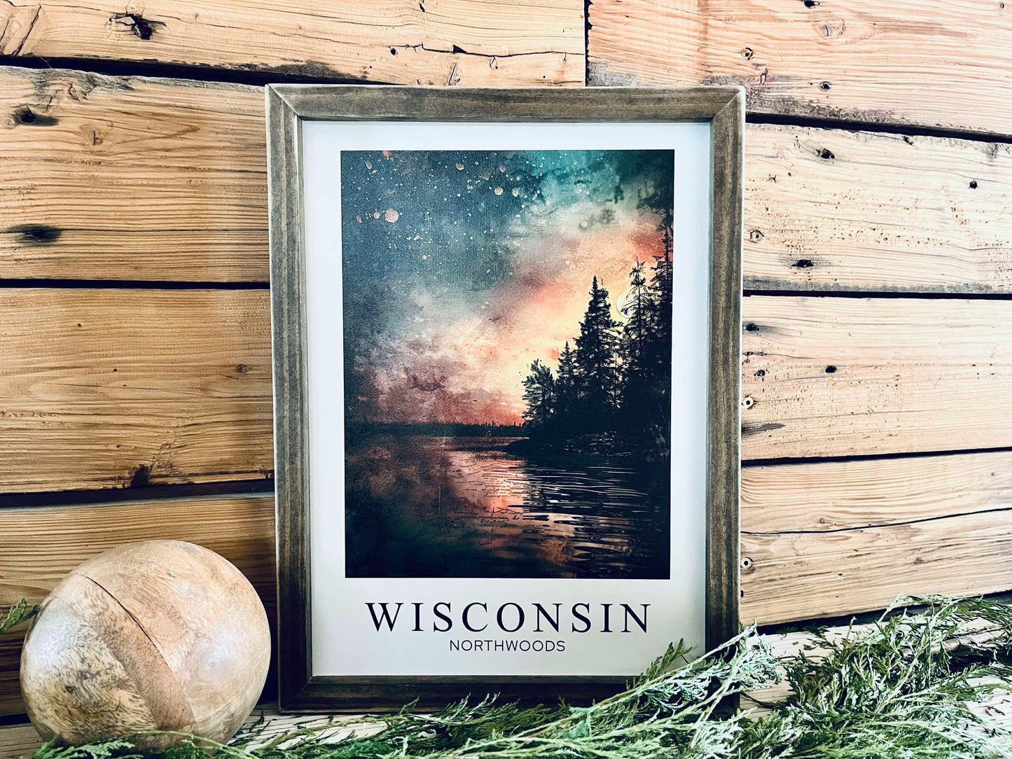 Wisconsin Northwoods Wall Art - Framed Night Sky Print with Lake & Trees | Northern Lights | Cabin Decor | Nature-Inspired Wisconsin Gift