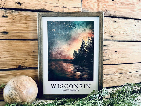 Wisconsin Northwoods Wall Art - Framed Night Sky Print with Lake & Trees | Cabin Decor | Nature-Inspired Wisconsin Gift