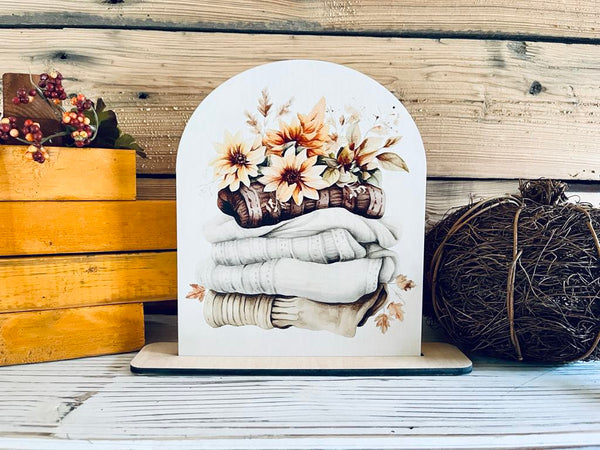 Fall Sweater Weather Shelf Sitter Sign | Cozy Autumn Decor with Sunflowers & Pumpkins | UV Printed Wood Sign for Tiered Tray Display