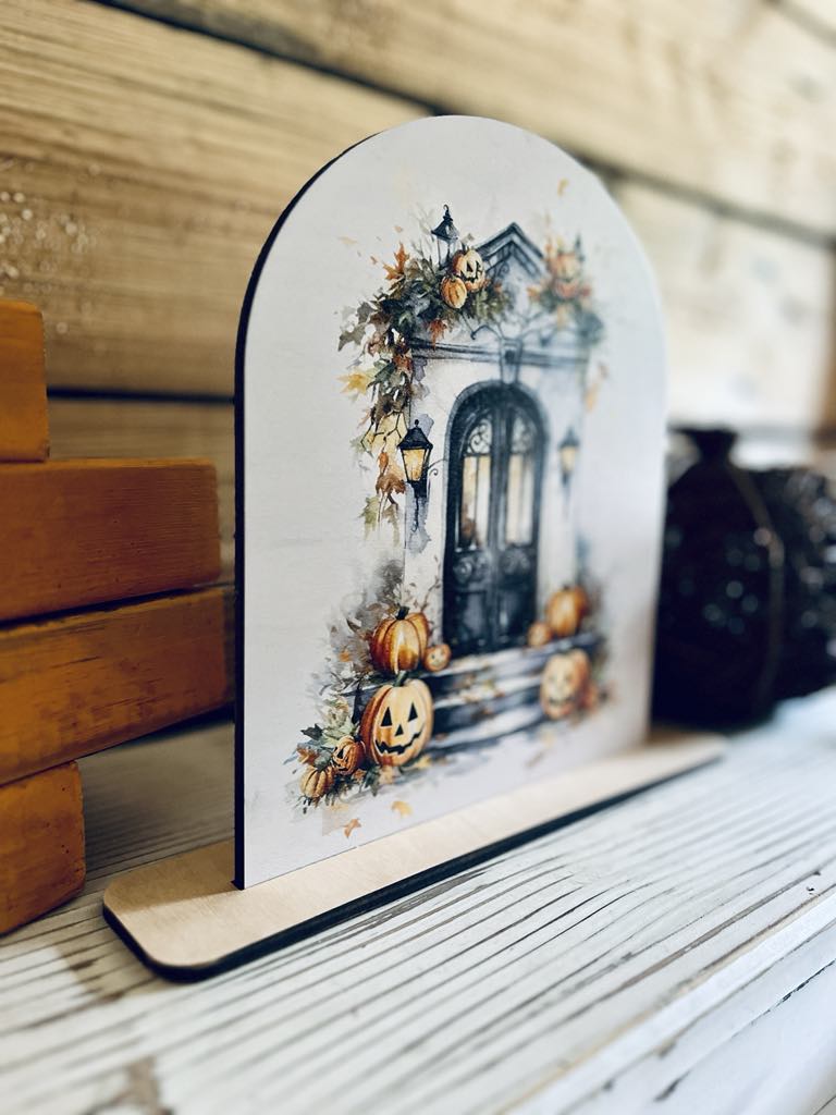 Halloween Porch Decor | Fall Pumpkin Door Sign | UV Printed Wood Arch Shelf Sitter | Farmhouse Halloween Decoration | Autumn Tabletop Decor