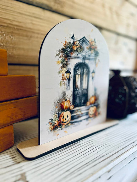 Halloween Porch Decor | Fall Pumpkin Door Sign | UV Printed Wood Arch Shelf Sitter | Farmhouse Halloween Decoration | Autumn Tabletop Decor
