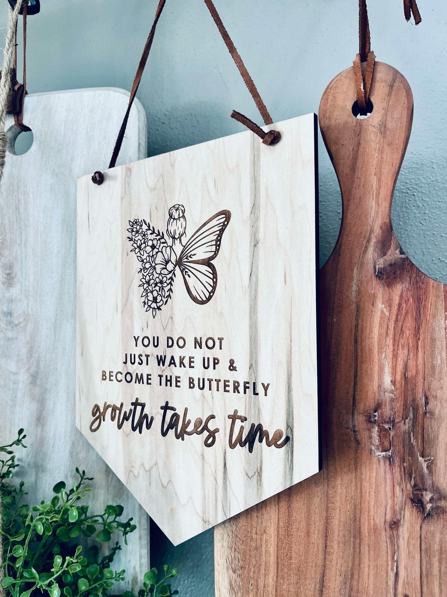 Growth Takes Time" Engraved Maple Wood Sign - Inspirational Wall Decor - Butterfly and Floral Design - Motivational Gift for Home or Office