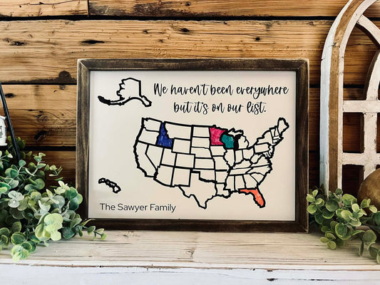Personalized USA Travel Map Sign | Color-In Travel Tracker Gift